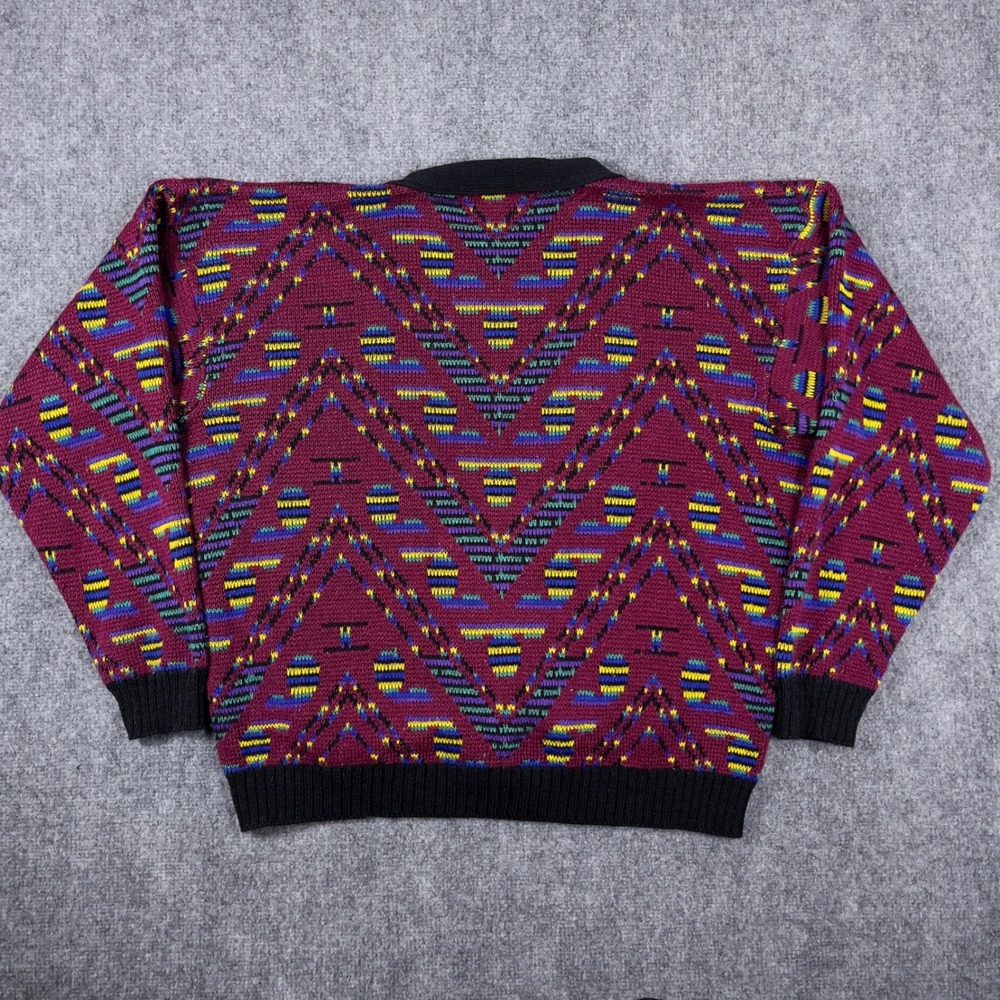 Vintage Cardigan Sweater Mens XL Burgundy Geometric Zig Zag Knit Retro - Picture 2 of 5